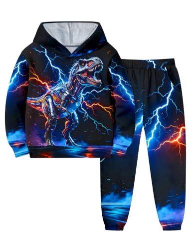 Image of Boys Clothes, T-Rex Print Dinosaur Boy Clothes Fall Winter Outfits Long-sleeved Hooded Sweatshirt Pants 2Pcs Set