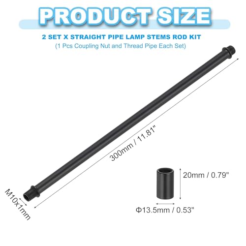 Image of PATIKIL Straight Pipe Lamp Stems Rod Kit, 2 Set M10 Carbon Steel 300mm(11.81 inch) Long Double End Thread Rod with Coupling Nuts Sleeve Connector for Table Lamps Chandeliers,Black