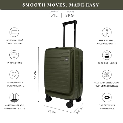 Image of F Gear Sedona Small Cabin Pro 54cm German Polycarbonate Hard Luggage|8 Japanese Hinomoto Silent Wheels| USB & Type-C Charging, Phone Stand & Cup Holder | Front Opening Suitcase for travel (army Green)