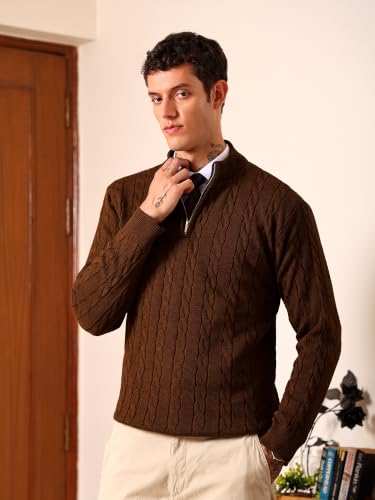 Image of Kvetoo Men's Wool High Neck Zipper Sweater, Full Sleeve Cable Knit Quarter Zip Winter Pullover