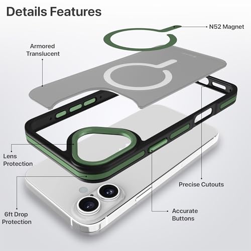 Image of eller sante Elementrix Back Cover Case for iPhone 16 Plus Scratch Resistant Camera Screen Protector TPU Shockproof 10ft Drop Protection Support Mag-Safe Wireless Charging- Green
