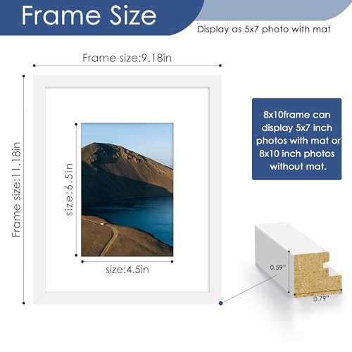 Image of PEALSN 8x10 Picture Frame Set of 6, Display Pictures 5x7 with Mat or 8x10 without Mat for Wall Mounting or Table Top Display, Photo Frames Collage for Wall Decor, White.