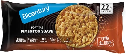 Bicentury - Tortitas de Pimentón Suave, Ricas en proteína, Ideales para Satisfacer Antojos, 1 Tortita Aporta 41kcal - 82 g (Paquete de 5)