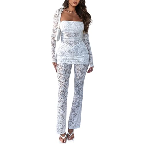 Mandonce Sexy Fall Outfits for Women Trendy Y2K Clothes Lace Tube Top and Pants Set Dressy Sexy Outfit for Women Going Out