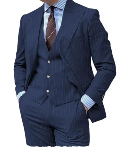 Men 3 Pieces Stripe Suits Peaked Lapel Formal Blazer Groom Tuxedo Fit Outfit Suit3