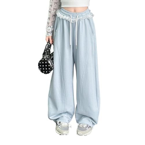 Barrel Sweatpants Kids Girls Lace Bow Barrel Leg Sweats Pants Coquette Drawstring Baggy Wide Leg Pants Loose High Waist Y2K