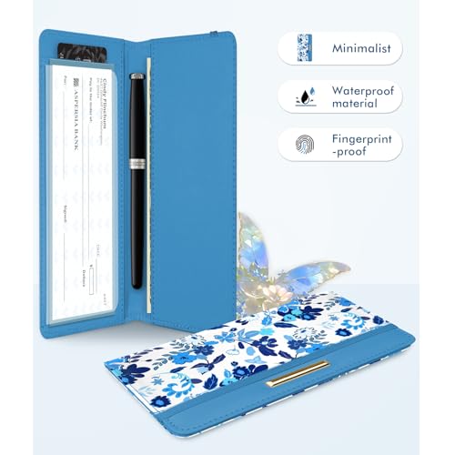 Image of Letter Checkbook Cover, RFID Blocking Checkbook, Stylish, Lightweight, Slim Durable, Multi-Functional Checkbook Holder for Personal and Business Checks (Flower-Blue)