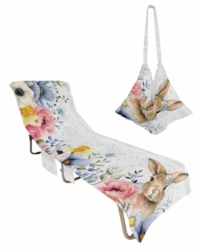 Easter Bunny Beach Lounge Chair Towel Cover, Soft Chaise Lounge Towel with Side Pockets Patio Pool Chairs Cover for Beach/Pool Sunbathing 29x85 Colorful Spring Floral Botanical Rustic
