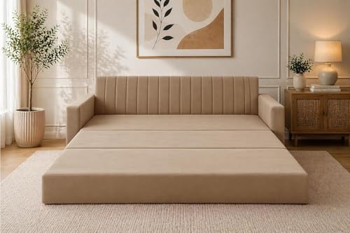 Image of Modern Velvet 3 Seater Sofa Cum Bed with Armrest, Convertible Sleeper Couch Sofa for Living Room, Bedroom & Office - Golden Color