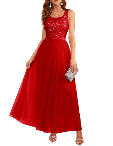 Image of BeryLove Sequin Dress for Woman Vintage A Line Wedding Formal Swing Mesh Dress Sleeveless Cocktail Maxi Gowns