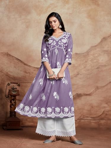 Image of EthnicJunction Women's Silk Blend Regular Fit Chikankari Embroidered Naira Cut Kurta