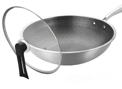 ChoyClit 316ステンレス鋼フライパン、ドイツ製ステンレス鋼フライパン、ハンドル付きノンスティックパン、深型、厚型、無煙、ガラス蓋、中華鍋、多目的、すべてのストーブ、調理器具、家庭用キッチン用品に適しています (直径34cm、高さ9cm,蓋付き)