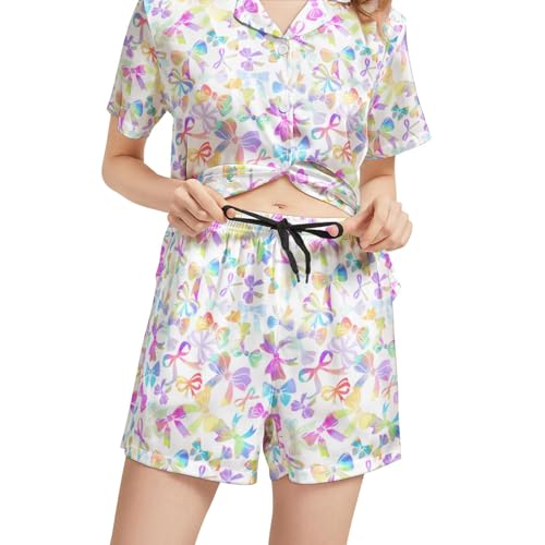 Image of Funny Pajamas for Women Set Print Satin Loungewear Pjs Short Sleeve Button Down Top and Shorts Sets Sleepwear XS-3XL