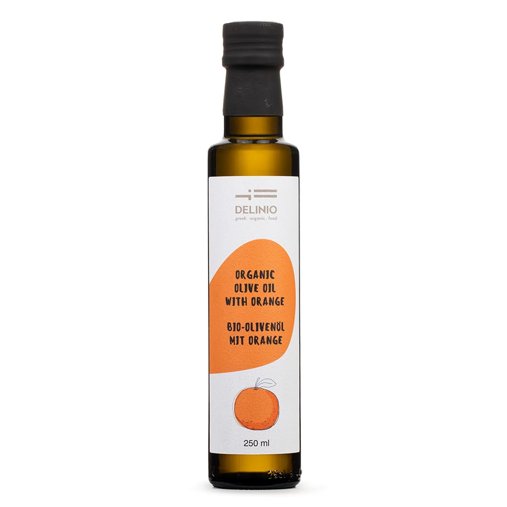 DELINIO Bio-Olivenöl Set 4 Sorten – Aromatisiertes Olivenöl Nativ Extra (Zitrone, Orange, Basilikum, Oregano) – 4x250 ml aus Griechenland, kalt extrahiert – zum Verfeinern & als Geschenk