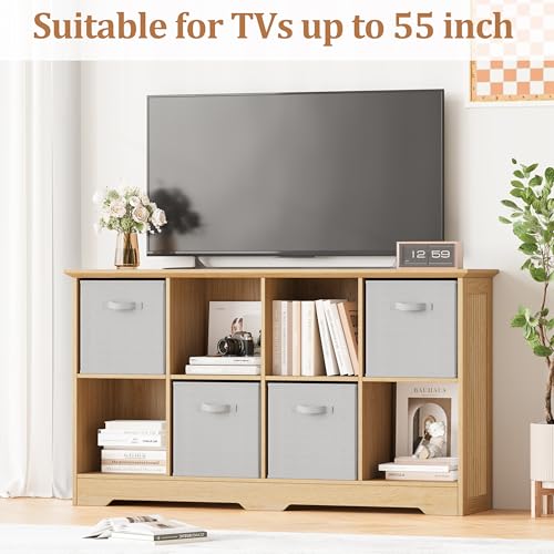 Image of 8 Cube Storage Organizer Shelf, Wood Cubby Storage with 4 Fabric Drawers, 2 Tier Wooden Bookshelf with 2 Adjustable Shelves & Fluted Side Panels for Living Room, Home Office, Wood