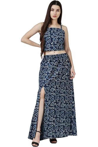 Image of POPWINGS Casual Bagru Printed Cotton Top and Skirt Set for Women || Pom Pom Top and Long Slit Skirt Set for Women || Two Piece Women Set for Summer
