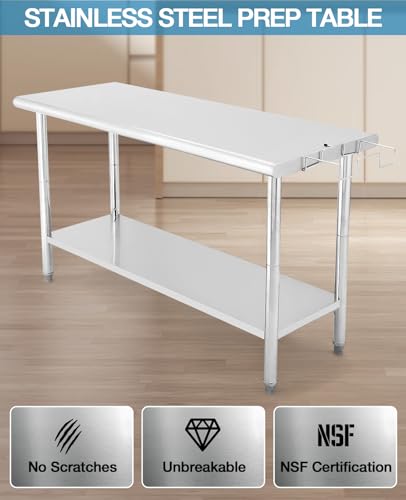 NSF Stainless Steel Prep Table, 60x24 in Heavy Duty Work Table with Adjustable Undershelf, Detachable Trash Bag Holder, Metal Workbench Workstation for Home Kitchen Restaurant