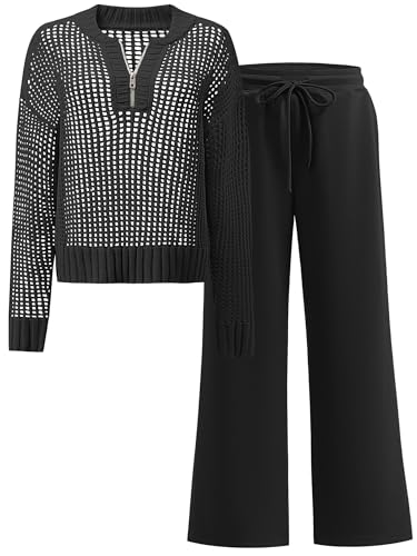 ANRABESS Womens 2 Piece Outfits 2025 Fall Crochet Knit Half Zip Sweater Top Wide Leg Pant Travel Matching Sets Lounge Clothes Black Medium
