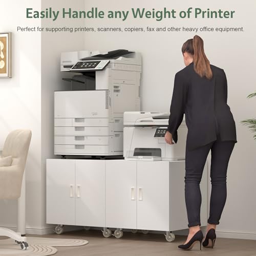 Image of Metal Printer Stand, Rolling Table for Printers, Large Printers Table with Storage, Office Printer Stand for Copier, Fax, Heavy Duty Stands with Shelf for School, Workplace, White