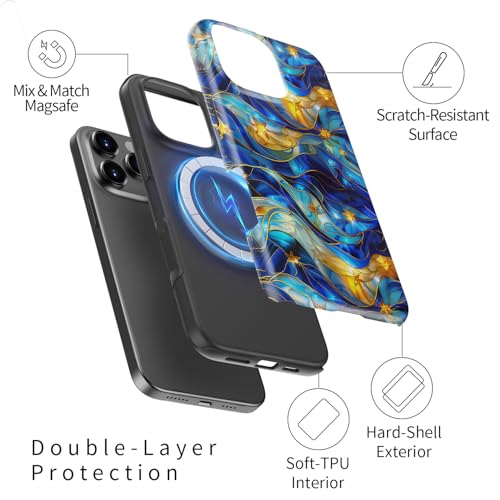 Image of Goodon for iPhone 16 Pro Max Case Cute - Wireless Charging Compatible - Dual-Layer Hard Shell + Silicone Cover - Protective Phone Case with Trendy Designs for Women - Abstract Bule Gold Water | Dual-Layer Hard Shell + Silicone, Slim Fit Protective Phone Cover with Wildflower Designs for Women Girls