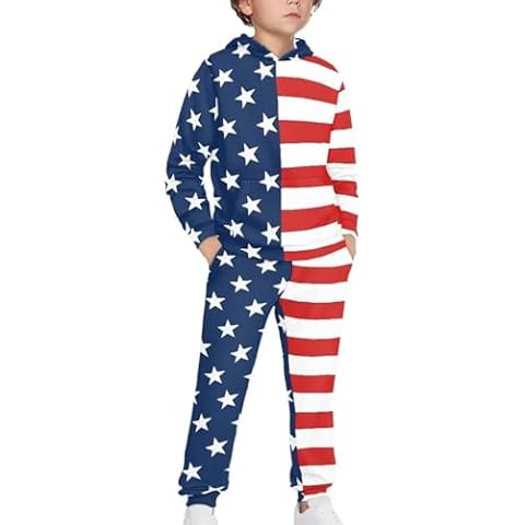 Renewold American Flag Novelty Print Hooded Sweatshirt Sports Sweatpants Set Kids Tracksuit Pullover Hoodie Jogging Pants Set 2 Pieces Sweatsuit Clothing for Fall Winter Spring Size 8-9 Years Cover