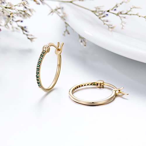 14K Gold Emerald Hoop Earrings, Solid Yellow Gold Created Emerald Green Hinged Hoops, St. Patricks Day Jewelry Birthstone Earrings for Women Ladies Her Mom, 11.5mm Diameters4
