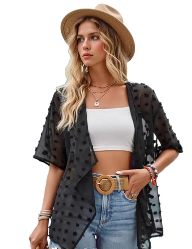 Image of Womens Summer Open Front Half Sleeve Lightweight Swiss Dots Cardigan Loose Kimono Sheer Beach Cover Up