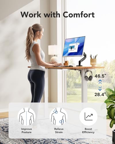 Image of HUANUO Electric Standing Desk, Whole Piece Desktop, Adjustable Height Computer Desk, 4 Height Memory Settings, Sit Stand Up Desk for Home Office, 48 inch x 30 inch, Light Vintage