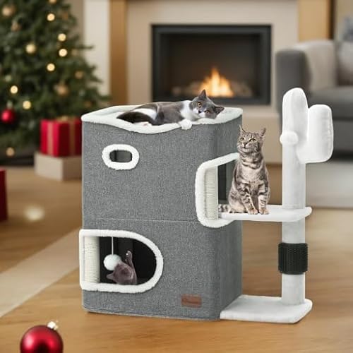 YITAHOME Niche pour Chat à 2 étages - pour l'intérieur - Tunnel pour Chat avec griffoir et Cube cachette - Joli Meuble Moderne pour Plusieurs Chats, Cactus (Gris)