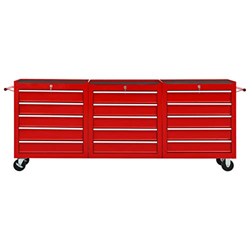 Susany Werkzeugwagen mit 15 Schiebeschubladen Aufbewahrungswagen mit Griff Werkzeugschrank Kratzfeste Oberfläche Rollwagen Werkzeugkiste Werkstattwagen Stahl Rot – Bild 4