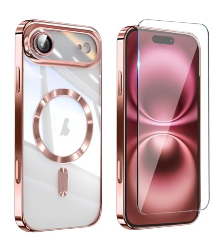 Image of Magnetic Glossy Case for iPhone 17 Air,iPhone 17Air Phone Case Slim Clear Luxury with Screen Protector & Camera Protector [Compatible with MagSafe], Shockproof Cover for iPhone Air 17-Rose Gold