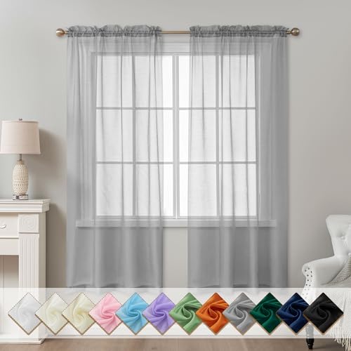 Image of Grey Sheer Curtains 72 Inches Long, Privacy Semi Sheer Curtains for Living Room Bedroom, Light Filtering Rod Pocket Voile Window Drapes 2 Panels Set, Each 42 inch W x 72 inch L