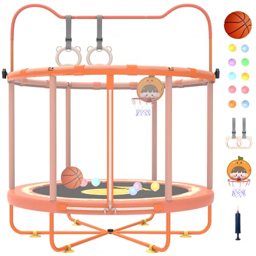 Gardenature 5ft/60'' Toddler Trampoline,Kids Trampoline Indoor&Outdoor for Ages 1-6,Mini Trampolines for Kids with Adjustable Gym Bar,Small Trampolines with Enclosure,Gift for Boys&Girls,Orange