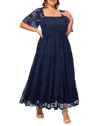 Plus Size Wedding Dress Bride Boho Lace Formal Square Neck Ruffle Sleeves Long Dresses for Curvy Women3