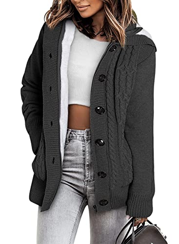 Sidefeel Women's Cardigan Hooded Fleece Lined Jackets Winter Cable Knit Sweater Coat Large Dark Grey
