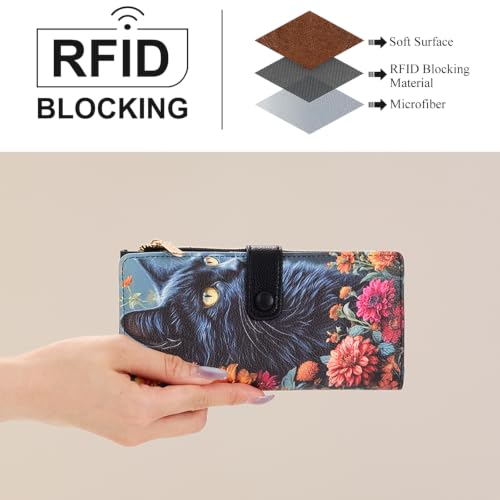 Image of Black Cat Wallet Women Bifold RFID Blocking Wallets with ID Window
