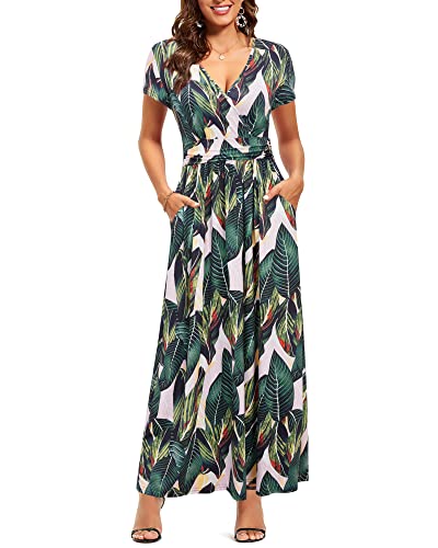 OUGES Women s V-Neck Pattern Pocket Maxi Long Dress(Floral-29,M)