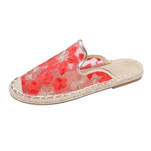 Luckywaqng Sandalias bordadas florales para mujer, zapatos informales de lona, transpirables y cómodos, zapatos casuales de lino trenzado, zapatos de playa, zapatos de senderismo, verano, playa