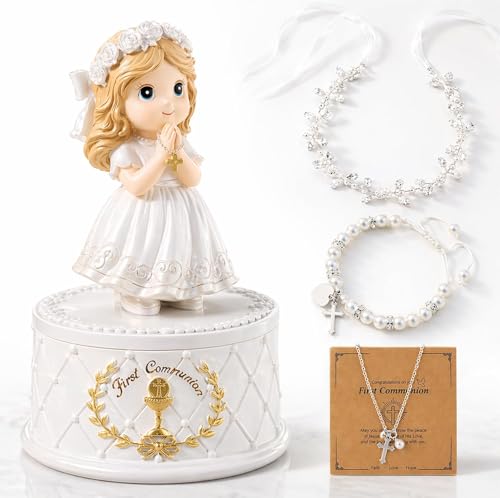 Gleemoria First Communion Gifts for Girls- First Holy Girl Figurine with Keepsake Box & Flower Girl Headpiece & Cross Necklace & Cross Bracelet Included, 1st Communion Gifts for Girls