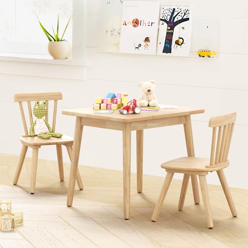 Curipeer Windsor Kids Table and 2 Chair Set, Rubberwood Toddler Table and Chair Set for Art, Play, Craft, Activity, Children Table with Non-Slip Legs/Round Edge Design, Natural Wood - Thumbnail 2