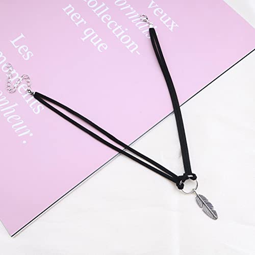 Dervivea Boho Feder Choker Halskette Schwarz Geschichtet Leder Halskette Silber Blatt Anhänger Halskette Choker Retro Kreis Link Halskette Kette Schmuck Für Frauen Und Mädchen