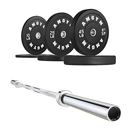 Amgym Bumper Plates Set With 7-Foot Olympic Barbell, Black Rubber Weight Plates With Steel Insert, Chrome Bar For Weightlifting Powerlifting (160Lb + Bar) #TOP20