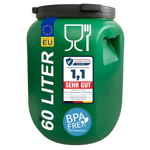 plasteo Weithalsfass Deckelfass lebensmittelecht stabiles HDPE Universalfass mit Schraubverschluss für Futter Lagerung und Transport grün (60 L Eckig)