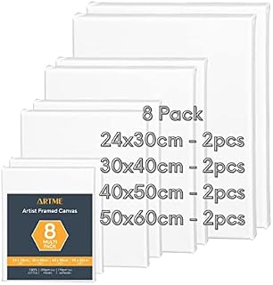 Artme Pre-Stretched Canvas 8pcs 24x30, 30x40, 40x50, 50x60 Assorted Artist Framed Canvas/ 280GSM/100% Cotton/Blank/Triple Primed/Acid Free/Medium Grain/ 1.7cm - Acrylic/Oil
