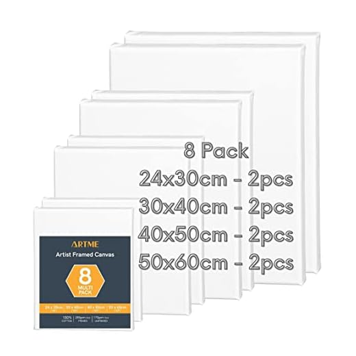 Artme Lienzos preestirados 8 piezas (24x30-2pz, 30x40-2pz, 40x50-2pz, 50x60 -pz) de artista / 280GSM 100% algodón/blanco/triple imprimado/sin ácido/grano medio / 1.7cm Acrílico/Aceite