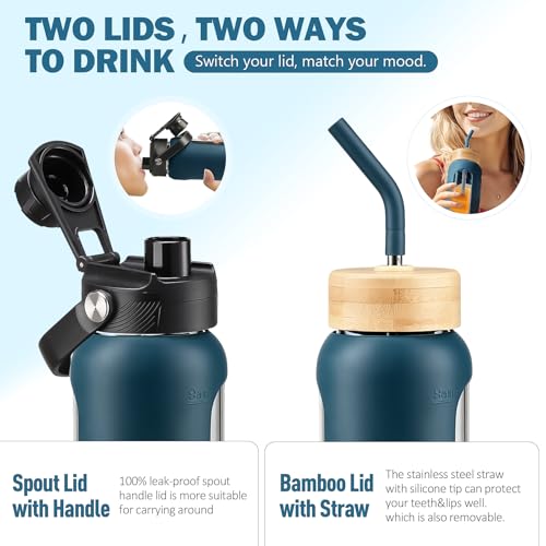 Image of 32 oz Glass Water Bottle with Straw - 2 Lids (Bamboo & Spout Lid), 1L Motivational Borosilicate Glass Daily Water Intake Bottle with Time Marker, Silicone Sleeve for Home Office-Navy Blue