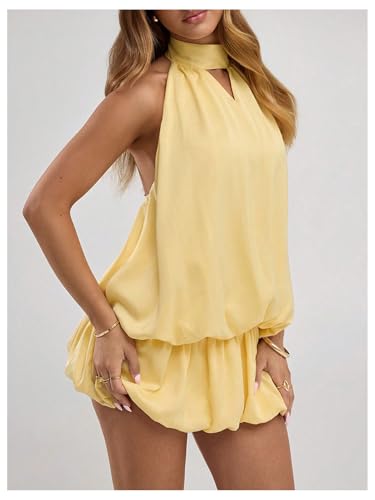 Verdusa Women's Cut Out Tie Backless Halter Dresses Ruffle Mini Bubble Dress3