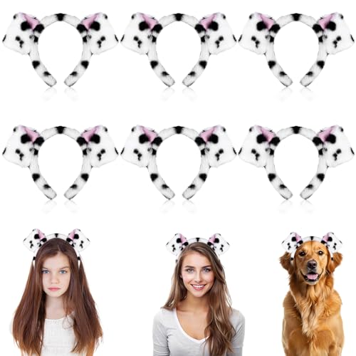 Shknldzsm 6Pcs Dalmatian Dog Ears Headbands Cute Soft Black White Pink Puppy Ears Headband Animal Accessories for Makeup Halloween Cosplay Dogs Party Women Men