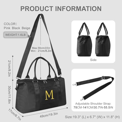 Personalized Initial Gym Dance Bag, Travel Duffel Bag for Teen Girls, Carry On Bag Overnight Weekender Bag with Trolley Sleeve, Birthday Gifts for Women Mom Daughter Graduation Gift(Letter M, Black)2