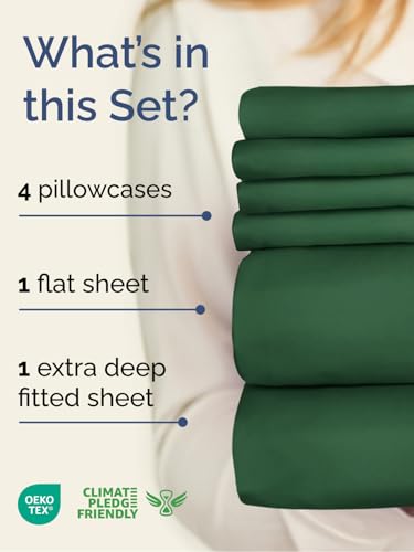 Image of Extra Deep King Sheet Set - 6 Piece Breathable & Cooling - Emerald Green | Hotel Luxury Bed Sheets Set, Easy & Secure Fit, Ultra-Soft, Wrinkle & Fade Free, Comfy Sheets Set with Extra Deep Pockets